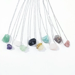 Irregular natural raw crystal pendant necklaces with silver chains in various gemstones