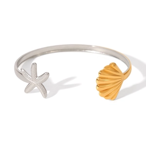 Detailed close-up of adjustable ocean-themed bracelet with gold shell and silver starfish