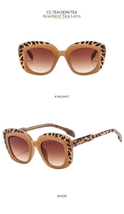 Detailed front and side views of oversized tea demi sunglasses with textured frames