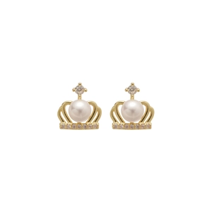 Elegant gold crown stud earrings with white pearl center and sparkling zircon accents