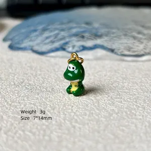Cartoon frog alloy pendant 7x14mm with green enamel finish and gold jump ring