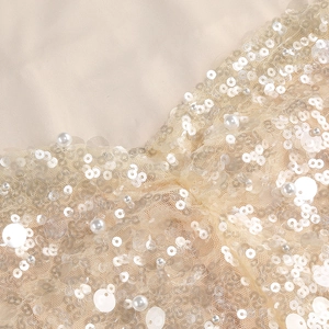 Detailed view of champagne evening gown with sequins, pearls, and mesh fabric texture