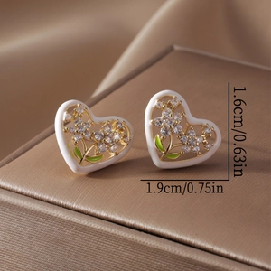 Sweet heart shaped enamel flower earrings with cubic zirconia, size 1.6cm by 1.9cm