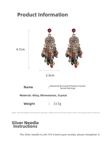 Detail view of crystal tassel flower earrings with dimensions 4.7cm by 2.3cm