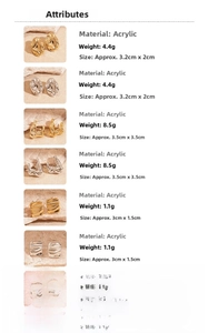 Macro view of various acrylic drop and wave earrings with precise size and weight details