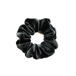 Elegant dark grey velvet scrunchie for women shown centered on a clean white background
