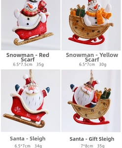 Detailed set of four festive resin Christmas tree ornaments with dimensions and weight