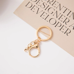 Detail of a golden alloy keychain with a flat ring, lobster clasp, and swivel connector