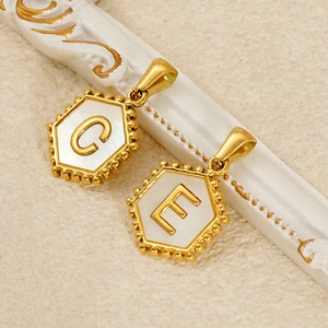 Detail of 18K gold hexagon letter necklace with white mother of pearl inlay