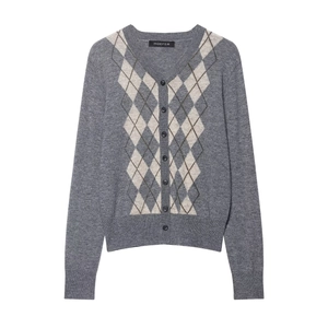 Argyle Knitted Cardigan Polyester Acrylic Wool Blend V-Neck Button Down Long Sleeve Sweater Preppy Casual Top