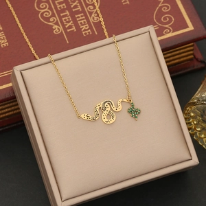 Stainless Steel Gold Snake Pendant Necklace And Bracelet With Green Rhinestone Animal Shape Jewelry For Women