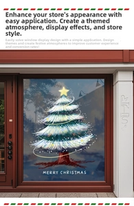 Close-up of a white glowing Christmas tree window sticker with Merry Christmas text