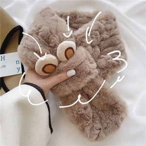 Cute dark brown plush scarf with cartoon eyes decoration for winter warmth
