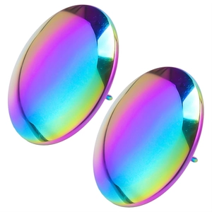 Macro detail of rainbow gradient 304 stainless steel oval hoop earrings on white background