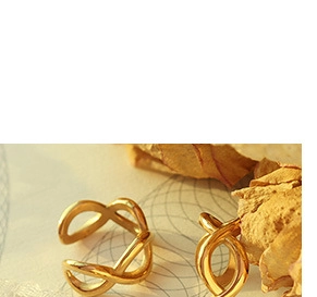 Detail view of twisted gold infinity design rings on warm floral textured background