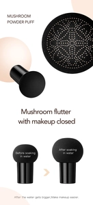 Detail of mushroom powder puff showing size comparison before and after soaking in water