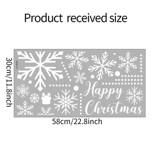 Detailed sheet of white static Christmas window decals with snowflakes and Happy Christmas text
