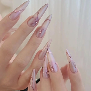 Nude Pink Press On Nails Long Almond Shaped Artificial Nails With Rhinestone Glitter Irregular Wave Pattern Elegant DIY