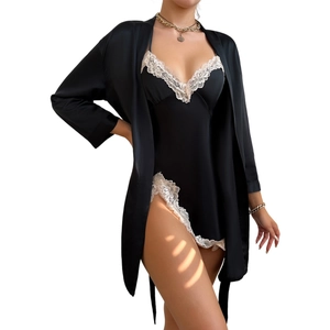 Ensemble pyjama en satin noir pour femme avec caraco à bordure en dentelle blanche et gilet
