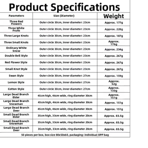 Detailed chart showing size and weight specifications for various Christmas wreaths