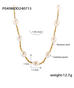Detail view of titanium steel necklace with imitation pearls and size measurements