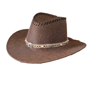 Brown woven western cowboy hat with ethnic beaded band and hand-stitched detailing