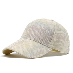 Detail of breathable mesh camouflage baseball cap with pastel tie-dye pattern for summer