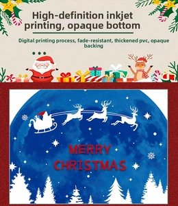 Detail of blue Merry Christmas PVC static sticker with elk and forest for window decor