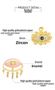 Macro view of gold-plated evil eye charm with blue gemstone and inlaid zircons