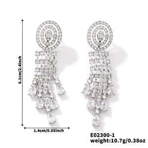 Detail view of zircon tassel earrings showing dimensions 6.1cm long and 1.4cm wide