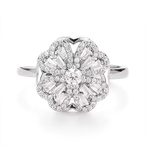 Elegant rotating four-leaf flower ring with micro-pave zircons in polished silver finish