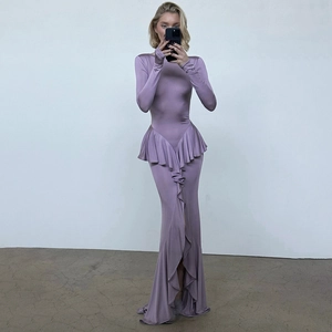 Sexy Backless Maxi Dress Long Sleeve Ruffle Peplum Side Slit Slim Fit Polyester Elegant Party Clubwear For Women