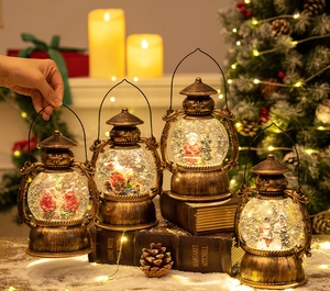 Detail of vintage Christmas lantern music box with swirling snow and festive LED light
