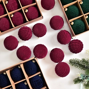 Velvet flocked Christmas ornaments with embossed patterns in red, green and blue 20pcs set