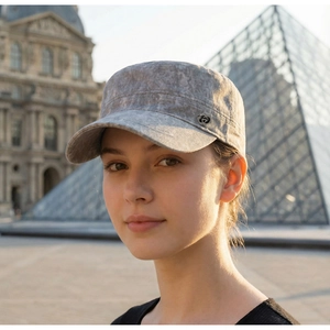 Detail of vintage gray cadet cap with metal logo featuring a textured outdoor fabric