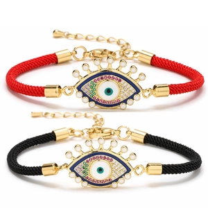 Bracelet Femme Corde Tressée Mauvais Œil Cuivre Plaqué Or Zircon Coloré Ajustable Bijoux Ethniques pour Fête Quotidienne