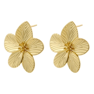 Elegant golden daisy stud earrings with five-petal flower design on white background