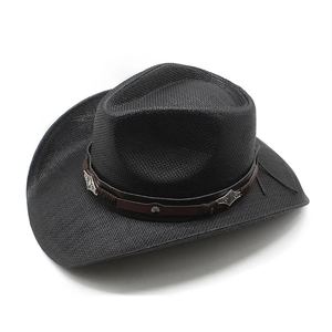 Classic black woven western cowboy hat with wide brim and ornate silver metal studs
