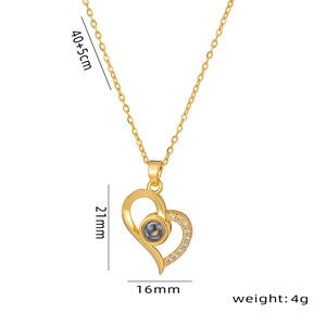 Gold heart projection necklace with white diamonds and 40+5cm cross chain for women