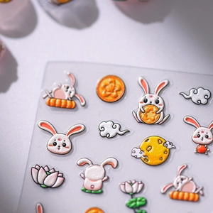 5D embossed rabbit nail stickers with clouds and lotus for Chinese style nail art