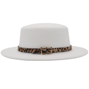 Detail of white wool felt hat featuring a leopard print band and gold metal buckle