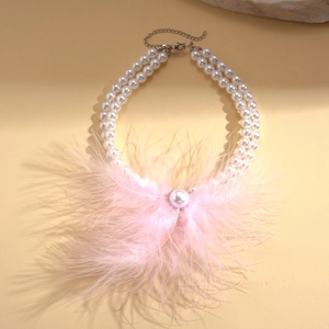 Baroque double-layer pearl choker with pink feather fringe and center pearl pendant