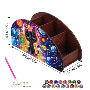 DIY diamond painting desk organizer with black cat motif and wooden pen holder storage