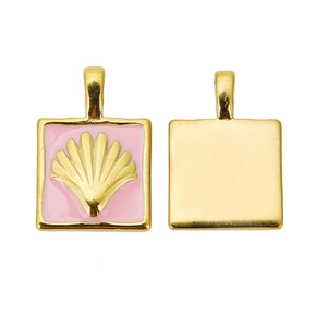 Golden 18k stainless steel square pendant with pink enamel and seashell relief detail