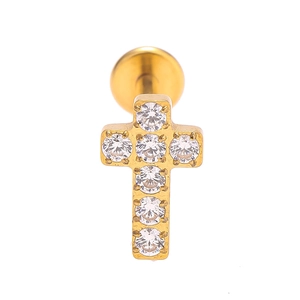 Macro detail of gold cross ear stud with clear zircon inlays and flat back screw