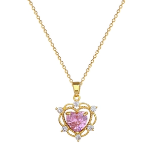 Titanium steel heart necklace with pink gemstone and small diamonds on a gold chain