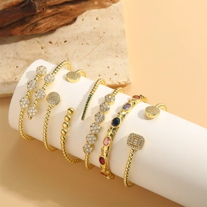 Luxury Copper Zirconia Opening Bangle Bracelet For Women Vintage Gold Plated Beaded Design Cuff Bracelet Fashion Jewelry