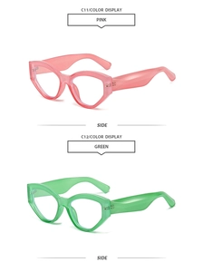 Side view of cat-eye frames in transparent pink and green, showing sleek temple design