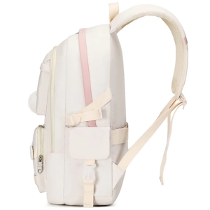 Detail view of large capacity nylon backpack with breathable mesh back and side pocket