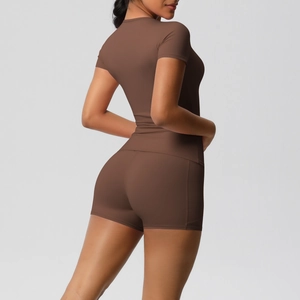 Close-up of seamless dark brown yoga set back view with high-stretch athletic fabric